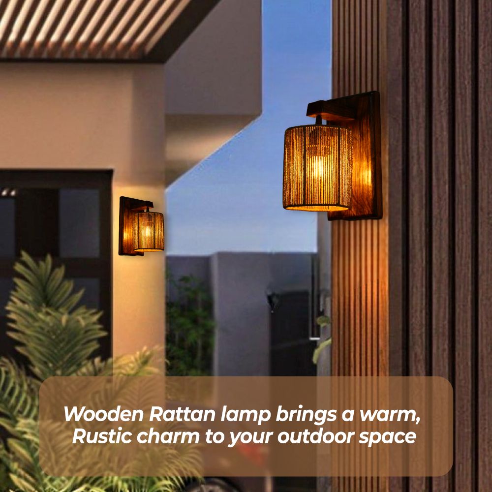 Wooden rattan outdoor wall lights with a warm glow in an outdoor setting.