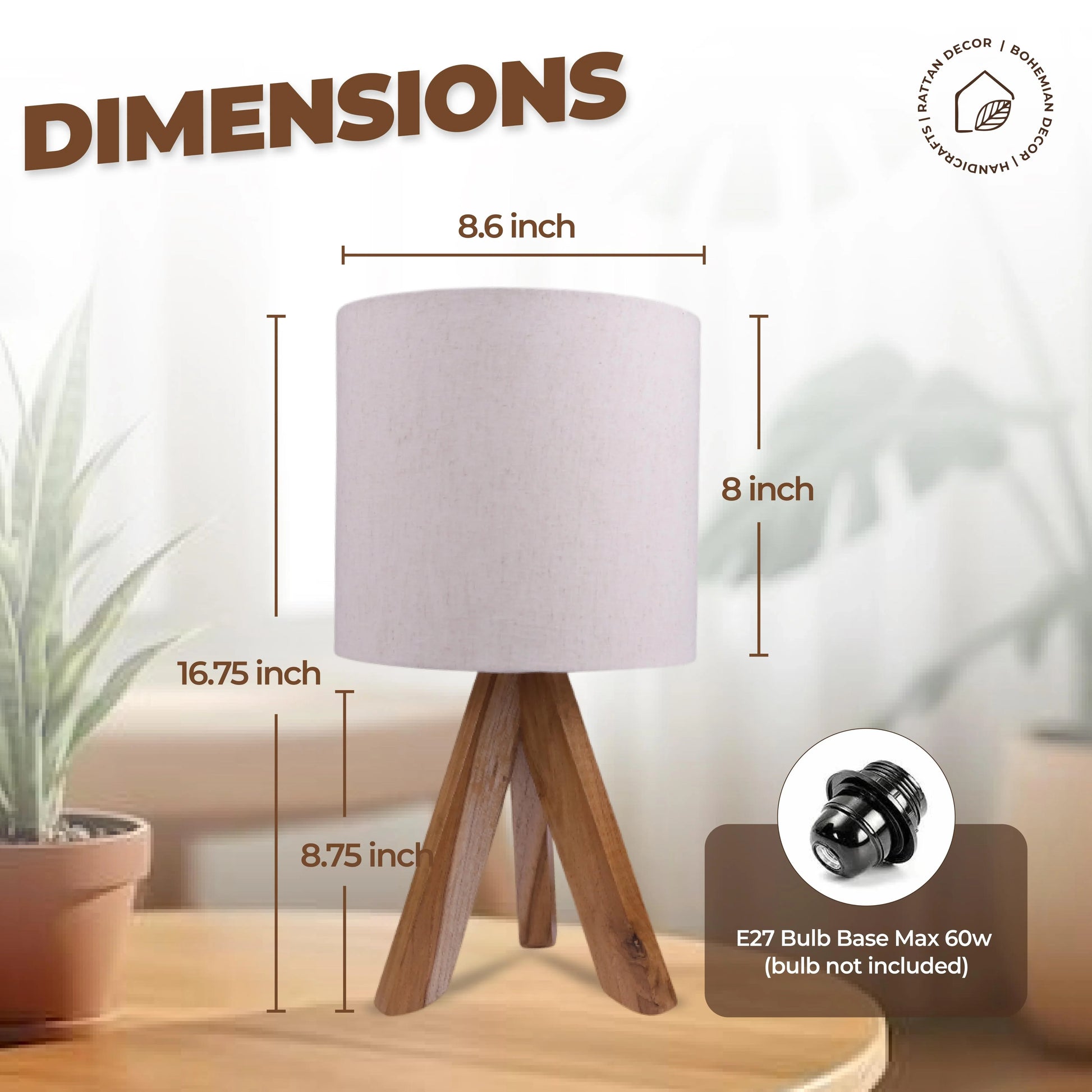 Modern Wooden Tripod Table Lamp – Artisanal Elegance with a Rustic Touch